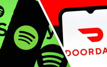 The graphic depicts simultaneous service disruptions across DoorDash and Spotify networks.