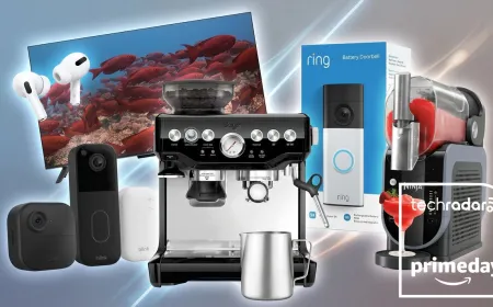 Discounted smart home security, audio equipment, and kitchen appliances displayed for early Prime Day deals