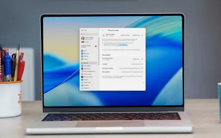 A Mac screen displays the macOS 26 Tahoe beta installation progress bar.