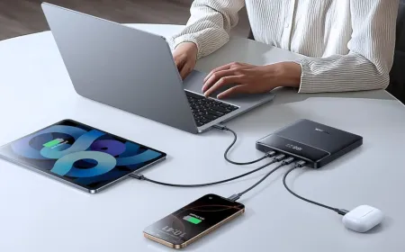 The Baseus Blade 100W power bank features a flat design, four ports, and twenty thousand milliamp hours capacity.