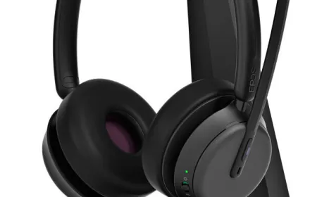The EPOS IMPACT 1000 headset series is shown on a display stand to highlight the updated microphone design.