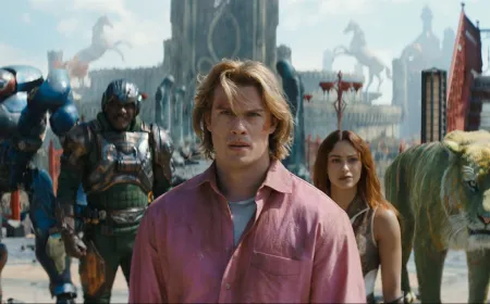 A cinematic still from the Masters of the Universe film showing the protagonist in armor against a desolate landscape.