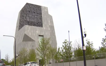 Obama Presidential Center monolithic architecture with interactive exhibits and recreational spaces.