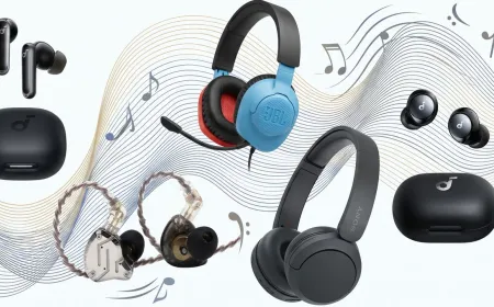 Affordable headphones rest on a workbench alongside acoustic measurement tools and driver components.
