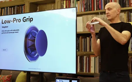 The PopSockets Low-Pro MagSafe grip is mounted on a smartphone, showing its slim 2.6 millimeter profile and textured back.