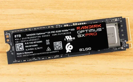 The SanDisk Optimus GX Pro 8100 8TB M.2 drive shows its double-sided printed circuit board layout.