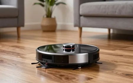 A robotic vacuum and mop combo navigates a hardwood floor.