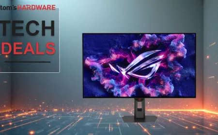 A 32-inch ASUS ROG Strix OLED gaming monitor displays a 4K resolution test pattern.