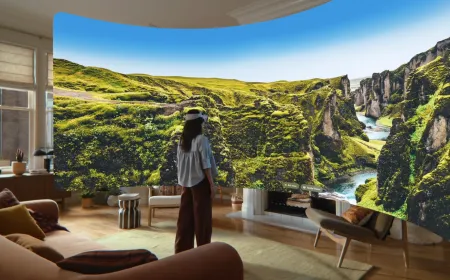 Curved virtual windows appear in a spatial computing layout to illustrate VisionOS 27 interface updates.