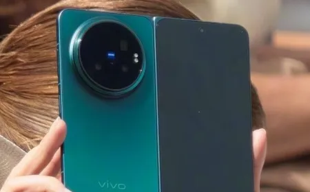 The Vivo X Fold 6 smartphone displays a cyan exterior finish.