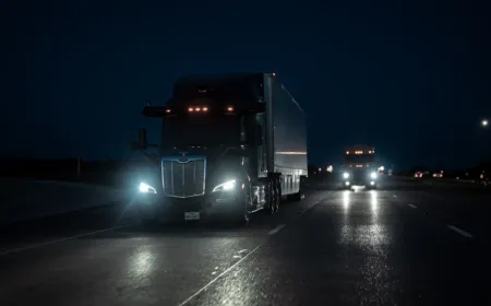 A commercial vehicle travels along a dark highway with reduced visibility and headlight glare.