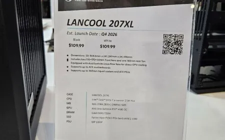 The exhibit displays updated Lian Li full and mid tower PC chassis with wood panels and modular thermal designs.
