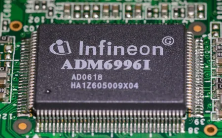 The photograph shows the exterior of Infineon's new semiconductor fabrication plant in Germany.