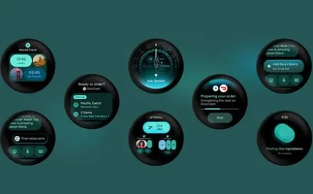 Pixel Watch screen displaying the Wear OS 7 update interface with live notifications and media controls