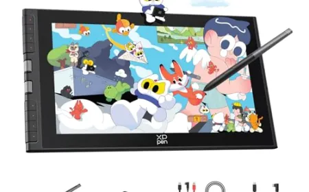 A large screen drawing tablet displays digital artwork alongside a connected stylus.
