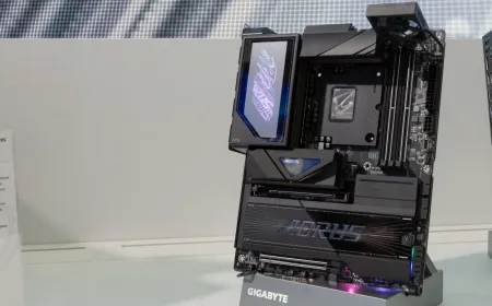 An unlabeled Gigabyte Aorus motherboard at Computex 2026 features Thunderbolt 5 ports for Intel Nova Lake processors.