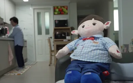An elderly woman sits beside a childlike AI companion doll in a small apartment.