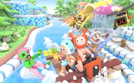 Gameplay footage of players building rafts and fighting zombies in a flooded space station waterpark.