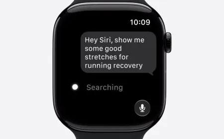 The Apple Watch displays health metrics and an artificial intelligence workout guidance interface.