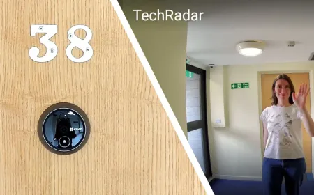 The EZVIZ EP4 wireless peephole camera is installed in a door with its interior display screen visible.