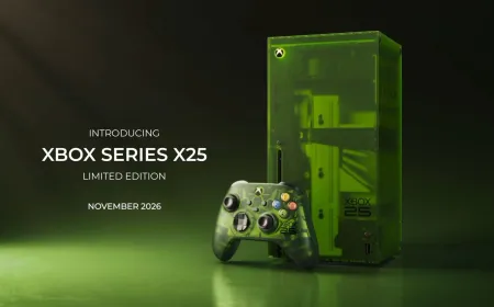 The translucent green Xbox Series X25 console and matching controller expose internal components and anniversary branding.