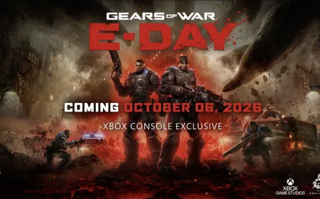 Gears of War E-Day image showing close-quarters combat in a damaged environment, launching October 6, 2026, on Xbox and Wi...
