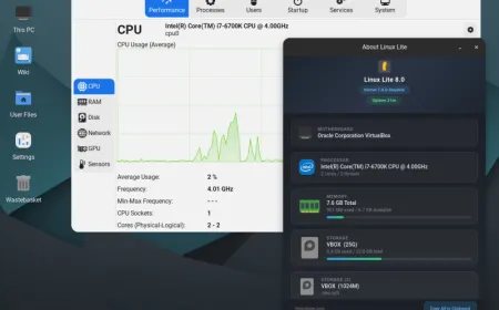 The Linux Lite 8.0 desktop interface displays the updated XFCE theme and default application menu.