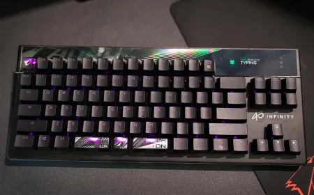 The Gigabyte Aorus K10 Infinity keyboard features magnetic switches and a built-in OLED display.