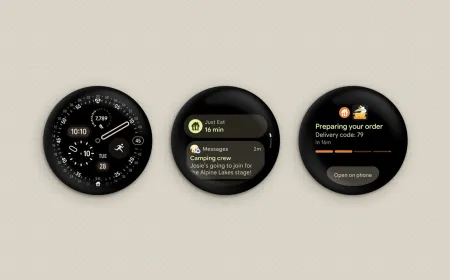 Pixel Watch screen displaying the Wear OS 7 update interface with Gemini AI features and live notifications.