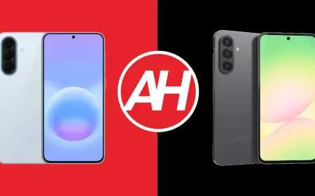 This image compares the Samsung Galaxy A57 and A56 phones side by side to highlight design and display differences.