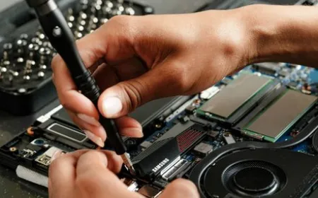 A person uses standard tools to repair a smartphone on a workbench.