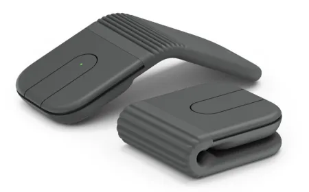 Logitech Mobi Fold portable mouse shown in its folded and unfolded states.