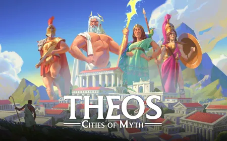A screenshot of Theos: Cities of Myth displays Greek mythology-themed city construction and manual supply routing.