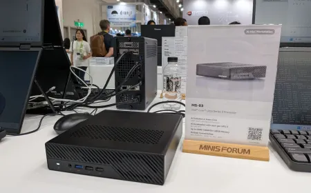 Minisforum mini PCs, NAS enclosures, and M.2 NVMe storage modules displayed at Computex 2026.