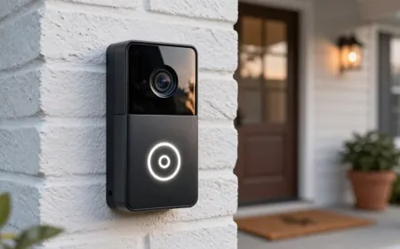 A modern video doorbell is mounted on a residential front door.