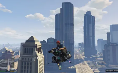 A flying motorcycle hovers above a city street in Grand Theft Auto Online.