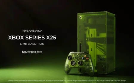 Translucent green Xbox Series X25 limited edition console with commemorative quarter century design elements.