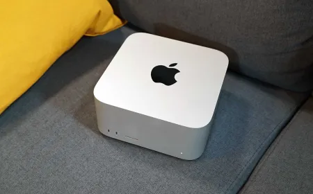 Apple Mac Studio desktop computer with compact chassis and rear connectivity ports for professional computing workflows.