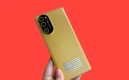 The Trump T1 smartphone displays its distinctive exterior finish and standard midrange Android hardware design.
