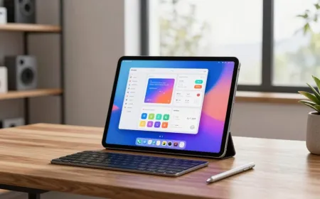 A professional works on a large tablet alongside a laptop and external keyboard.