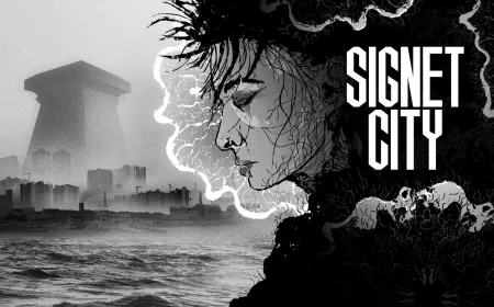 A parasite navigates a decaying urban environment featuring fungalpunk architecture and overgrown infrastructure.