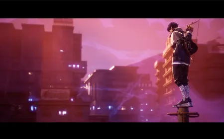 Protagonist traversing a cyberpunk cityscape while battling yokai with fashion-based combat mechanics