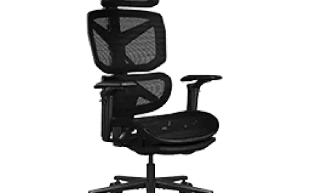 The Cougar Terminator Air ergonomic chair is shown from the side with its adjustable frame and mesh seat visible.