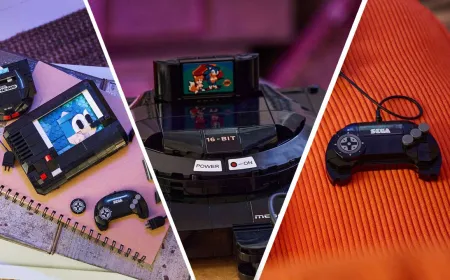 A brick-built Lego model of a Sega Genesis console features customizable stickers.