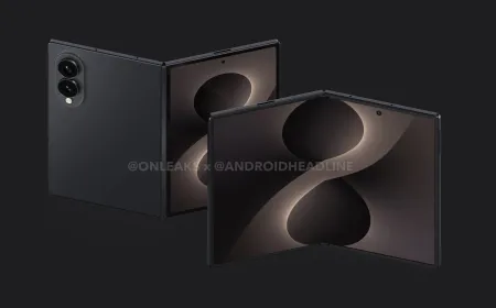 A wide foldable smartphone displays a high pixel density flexible screen.