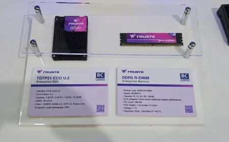 The exhibit showcases ADATA XPG DDR5 memory modules alongside TRUSTA enterprise storage drives.