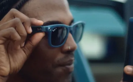 A pair of Meta smart glasses displays a facial recognition interface.