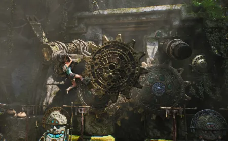 Lara Croft explores vertical Atlantean ruins with modern combat mechanics in this Unreal Engine 5 rendering.
