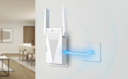 TP-Link AX3000 Wi-Fi Range Extender featuring Wi-Fi 6 support and a gigabit Ethernet port.