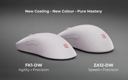 The Zowie FK1-DW and ZA12-DW wireless gaming mice are shown side by side.